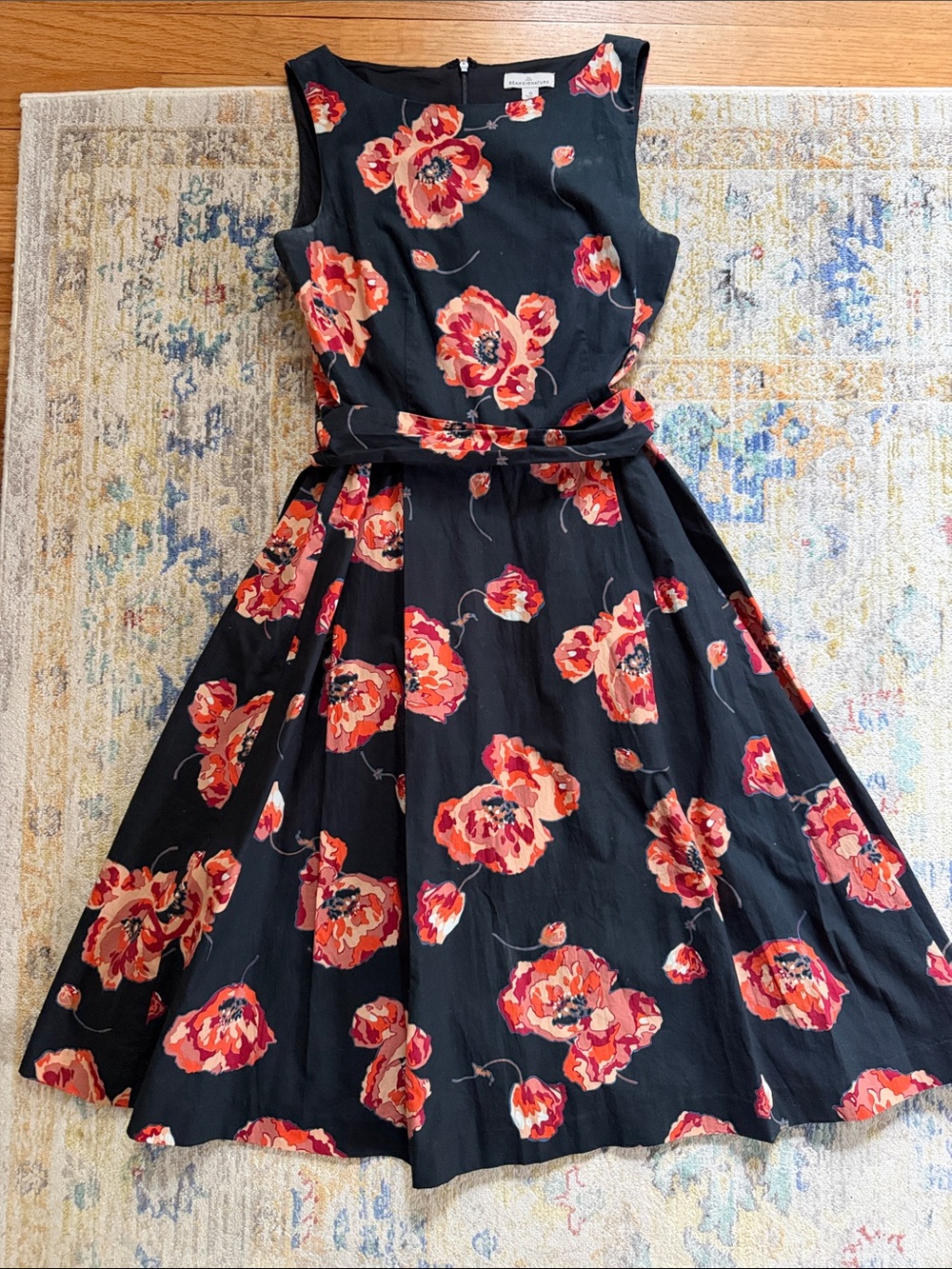 Black Floral Fit-and-Flare Dress with Tie belt